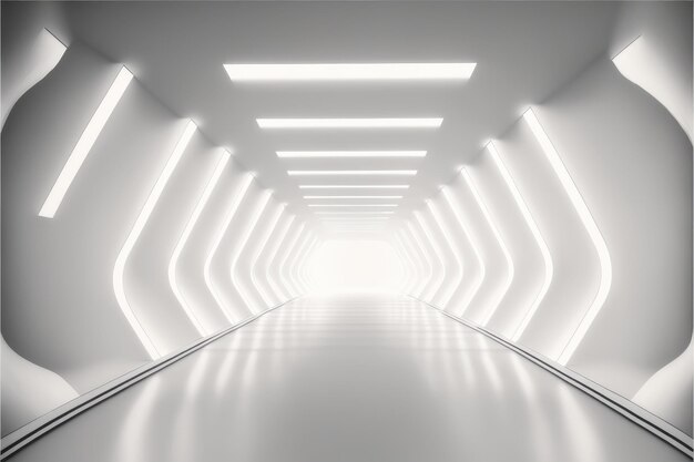 Photo abstract of futuristic scifi tunnel corridor with white light background