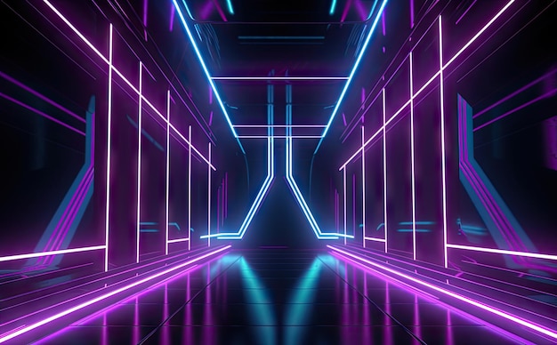 Abstract Futuristic Technology concept Neon Hexagon Tunnel modern background Fluorescent ultraviolet glowing light lines