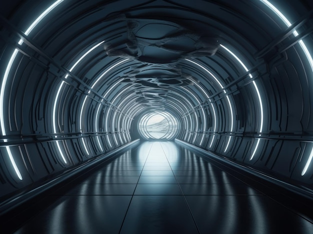 Абстрактный футуристический туннельный коридор с светящимися огнями и отражениями в стиле научной фантастики, созданный с помощью технологии генеративного искусственного интеллекта