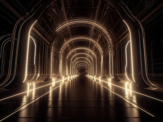 Abstract futuristic tunnel corridor with glowing lights and reflections Science fiction style Created with Generative AI technology