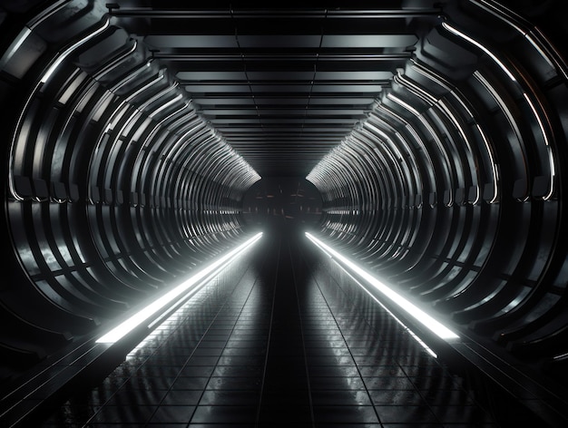 Abstract futuristic tunnel corridor with glowing lights and reflections Science fiction style Created with Generative AI technology