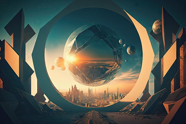 Abstract futuristic virtual world with geometric shapes creating image of planet