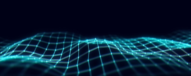Абстрактная футуристическая волна с движущимися точками и линиями Поток частиц Иллюстрация кибертехнологий с эффектом сбоя 3d-рендеринга