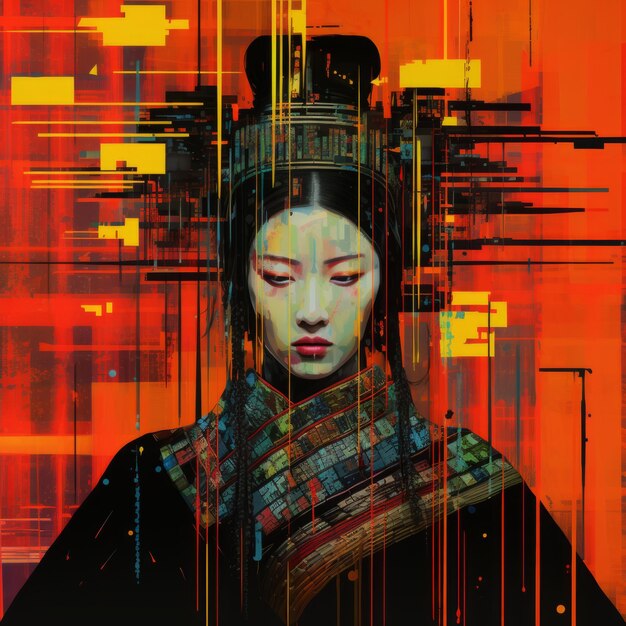 Abstract Futuristisch kunstwerk Geisha-portret met Paisley-strepen