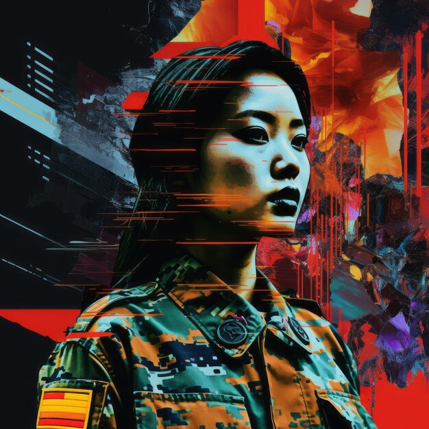 Abstract Futuristisch portret Chinees-Amerikaanse vrouw in militair uniform