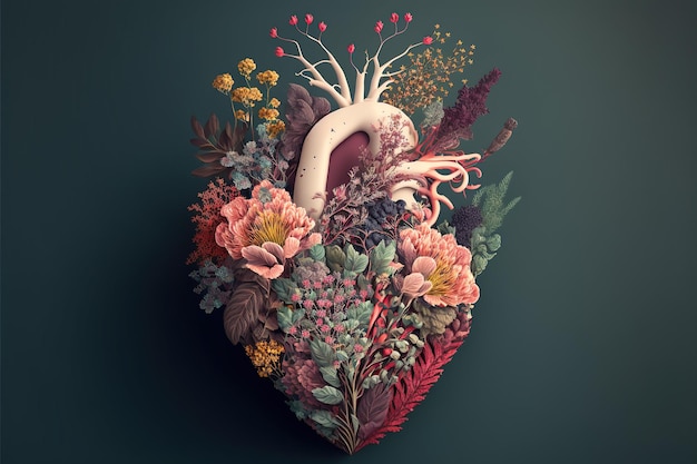 Abstract geïllustreerd kleurrijk menselijk hart gemaakt van verse lentebloemen, generatieve AI