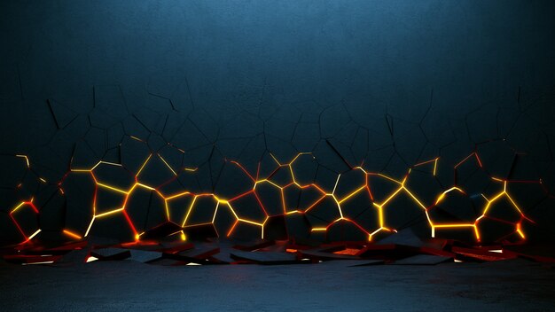 抽象的な幾何学的な背景。破砕面を備えた爆発力設計。ひびの入った表面から火が輝いています。 3dイラスト。