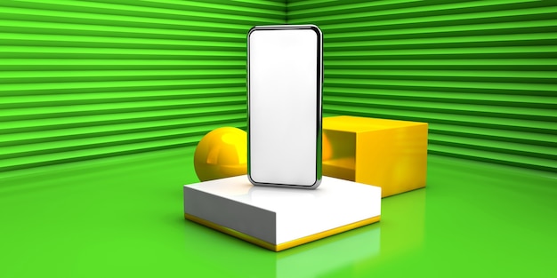 Fondo geometrico astratto in colore verde. concetto di smartphone moderno in 3d render illustrazione.