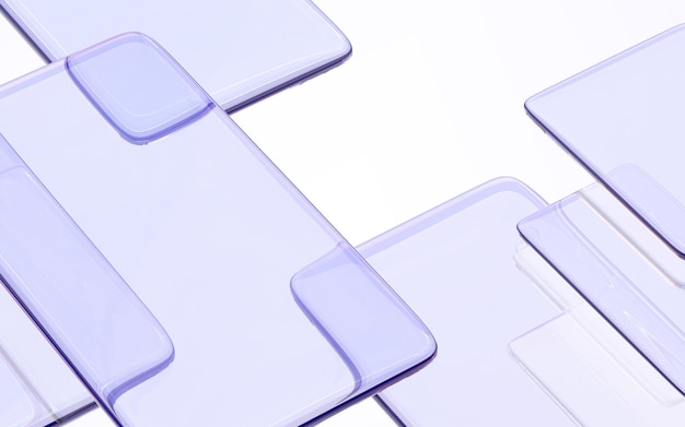 Фото Абстрактный геометрический фон с фиолетовыми стеклянными пластинами и эффектом наложения 3d визуализации прозрачные прямоугольные формы акриловых или пластиковых хрустальных панелей на белом фоне вид сверху
