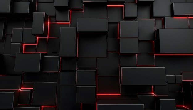 Abstract geometric design with black and red squares and glowing lines