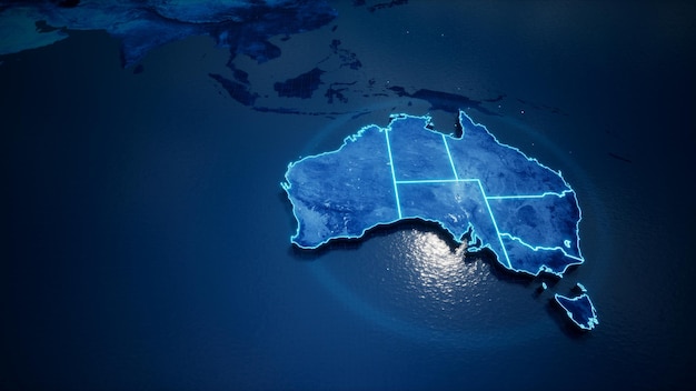 Abstract geometric futuristic concept 3d Map of Australia with borders as scribble blue neon style 3d rendering