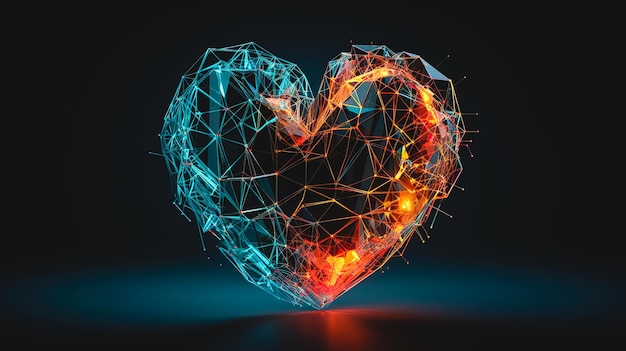 Photo abstract geometric glowing heart on a dark background generative ai