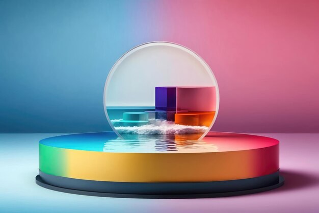 Abstract geometric illustration in 3d style with round podium Wavy glass wall and water in minimal style Generated AI