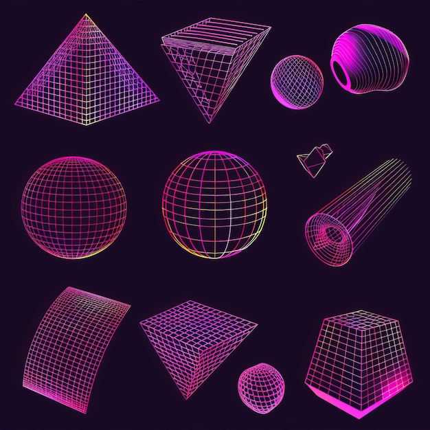 Photo abstract geometric mesh elements cyberpunk futuristic line objects retro vaporwave synthwave modern set