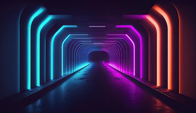 Abstract geometric neon background with glowing frame laser light dark tunnel futuristic backgroud