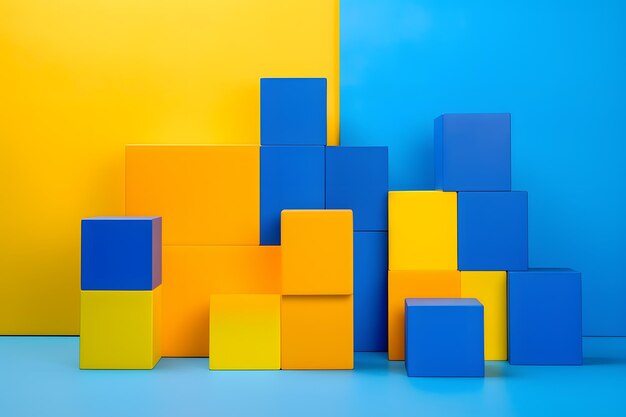 Abstract geometric pattern of blue and yellow cubes on a textured wall background generative ai