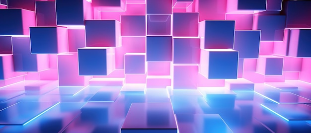 Abstract geometric pink blue neon light 3d texture wall with squares and square cubes background