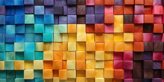 Abstract geometric rainbow colors colored 3d wooden square cubes texture wall background banner illustration panorama long textured wood wallpaper