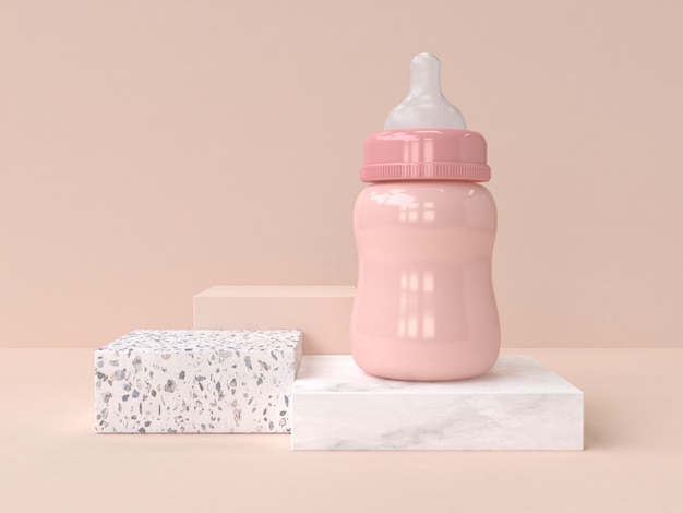 abstract geometric scene pink baby bottle milk cartoon style 3d rendering