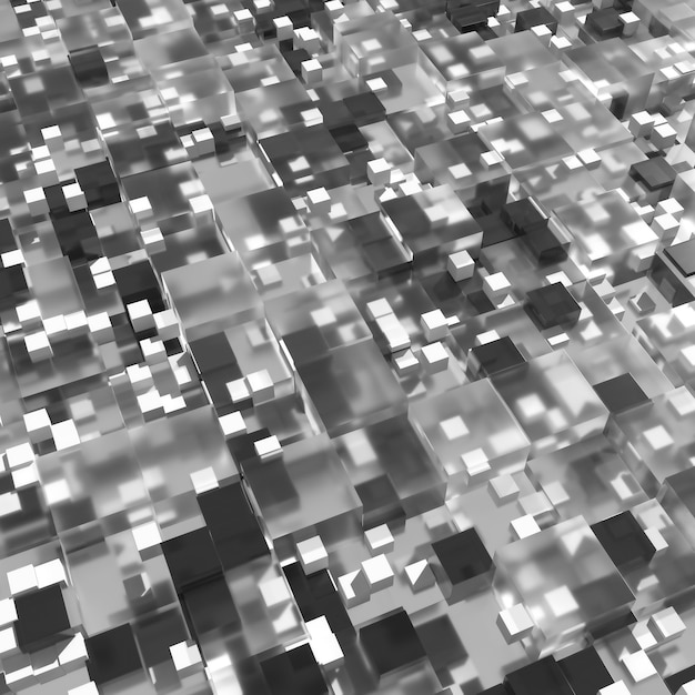 Photo abstract geometry background. 3d rendered cubes with different size. 3d glass cubes with shadows, reflection, refraction and bright elements.