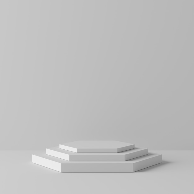 Podio astratto di colore bianco di forma di esagono della geometria su fondo bianco per il prodotto. concetto minimale. rendering 3d