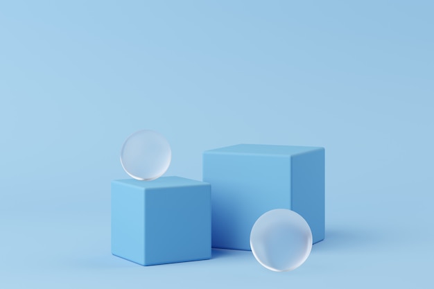 Abstract geometry shape blue color podium with frosted glass on blue background for product. minimal concept. 3d rendering