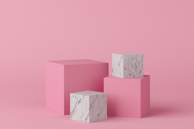 Abstract geometry shape pink color podium with marble on pink background for product. minimal concept. 3d rendering