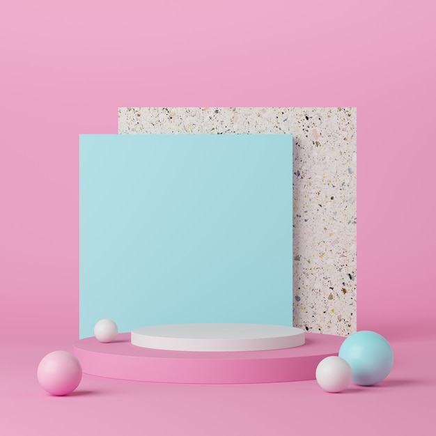 Abstract geometry shape white color podium on pink background with blue and white ball for product. minimal concept. 3d rendering