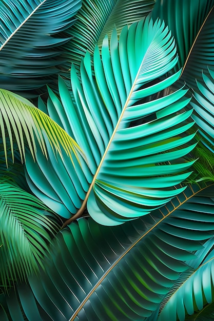 Abstract giant palm leaves Tropical plant background Wallpaper in green teal and blue