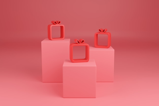 Abstract gift boxes on red pods. Christmas concept.