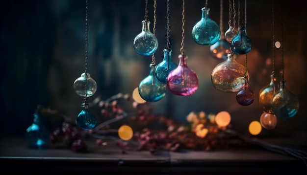 Abstract glass spheres illuminate dark winter celebration with bright joy generated by AI