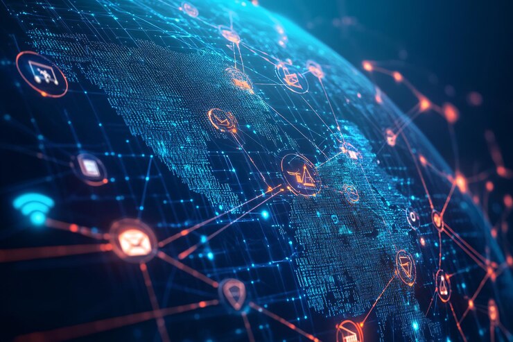 Photo an abstract global network featuring interconnected business icons and glowing lines symbolizing glo