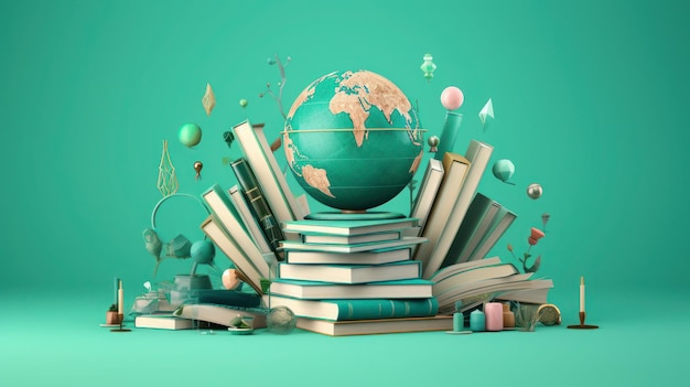 Photo abstract globe and books on the green background