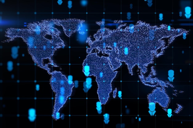 Abstract gloeiend kaarthologram op donkere achtergrond Digitale wereldtransformatie en toekomstig cyberruimteconcept 3D Rendering