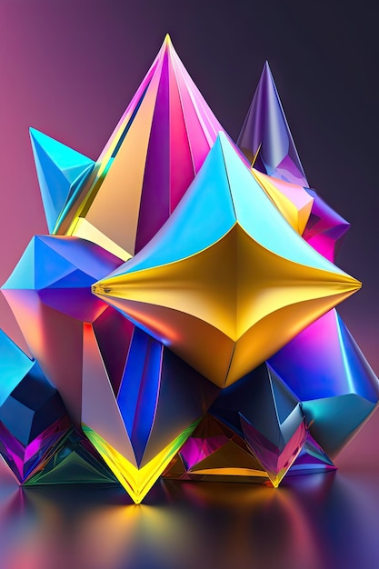 Abstract gloeiende blauw roze en gele kristalvormen Fantasie geometrische fractal achtergrond