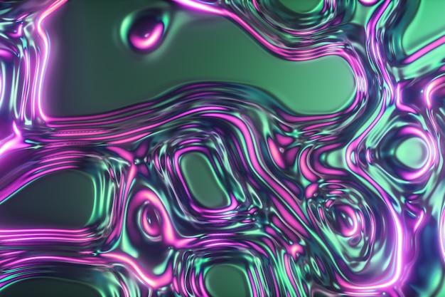 Abstract glowing 3d render holographic oil surface background,\
foil wavy surface, wave and ripples, ultraviolet modern light, neon\
blue pink spectrum colors. 3d illustration
