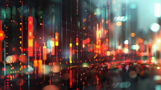 Abstract glowing big data forex candlestick chart on blurry city backdrop Trade technology investment and analysis concept Double exposure