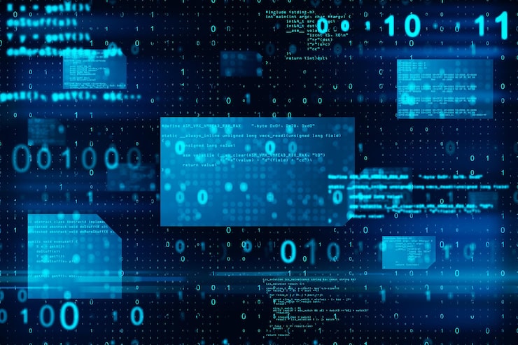 Photo 抽象發光的藍色編碼背景 二進制代碼技術數據和互聯網概念 3d染