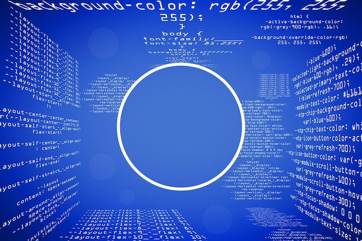 Photo abstract glowing blue coding programming background with blank round mock up frame big data and code concept 3d rendering
