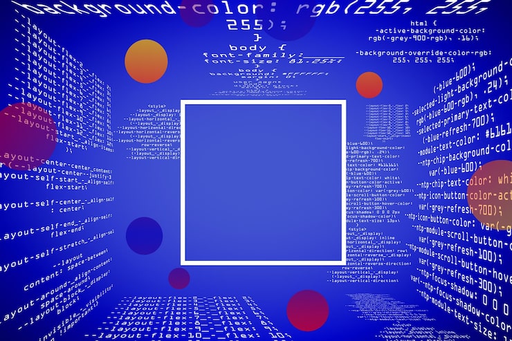 Photo abstract glowing blue coding programming background with blank square mock up frame big data and code concept 3d rendering