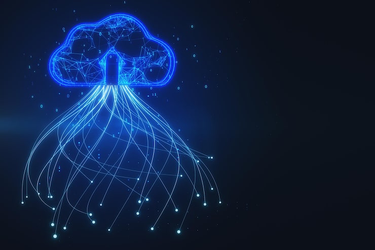 Photo abstract glowing blue digital cloud with binary code on dark background with mock up place computing and coding concept 3d rendering