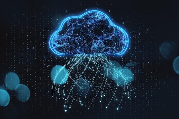 abstract glowing blue digital cloud with binary code on dark blurry bokeh background computing and coding concept 3d rendering