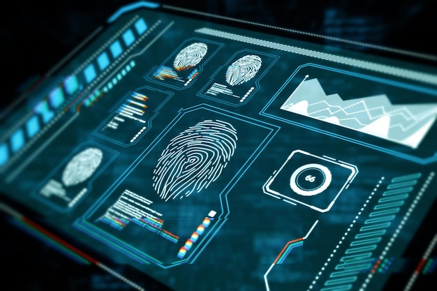 Photo abstract glowing blue fingerprint scanner interface on dark background technology information and identification concept 3d rendering