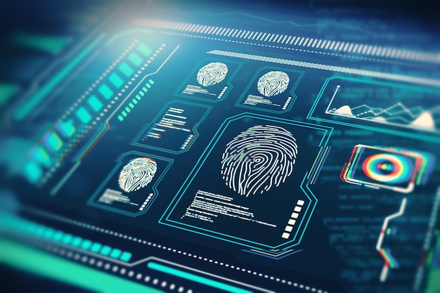 Abstract glowing blue fingerprint scanner interface on dark background Technology information and identification concept 3D Rendering