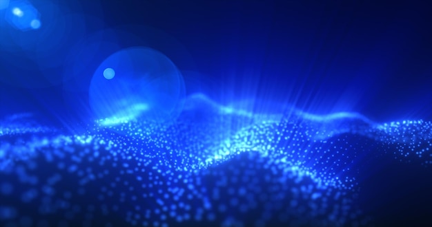 Abstract glowing blue magic energy wave from particles and dots bright shiny on a dark blue background Abstract background