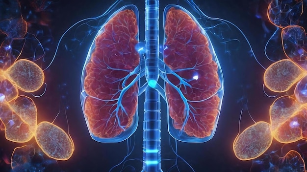 Abstract glowing blue medical lungs interface backdrop with icons medicine and innovation concept