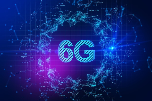 Абстрактная светящаяся синяя многоугольная голограмма 6G на размытом фоне Скорость Интернета беспроводная связь и концепция связи 3D рендеринг