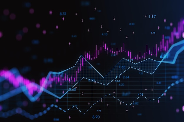 Abstract glowing candlestick forex chart with index and grid on dark background invest trade finance ans stock market concept 3d rendering