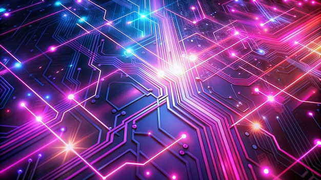 abstract glowing circuit board with pink and blue lines