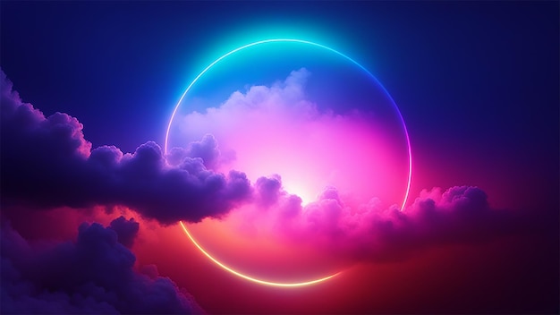 Abstract of glowing clouds circle frame illuminated with neon light on sky view